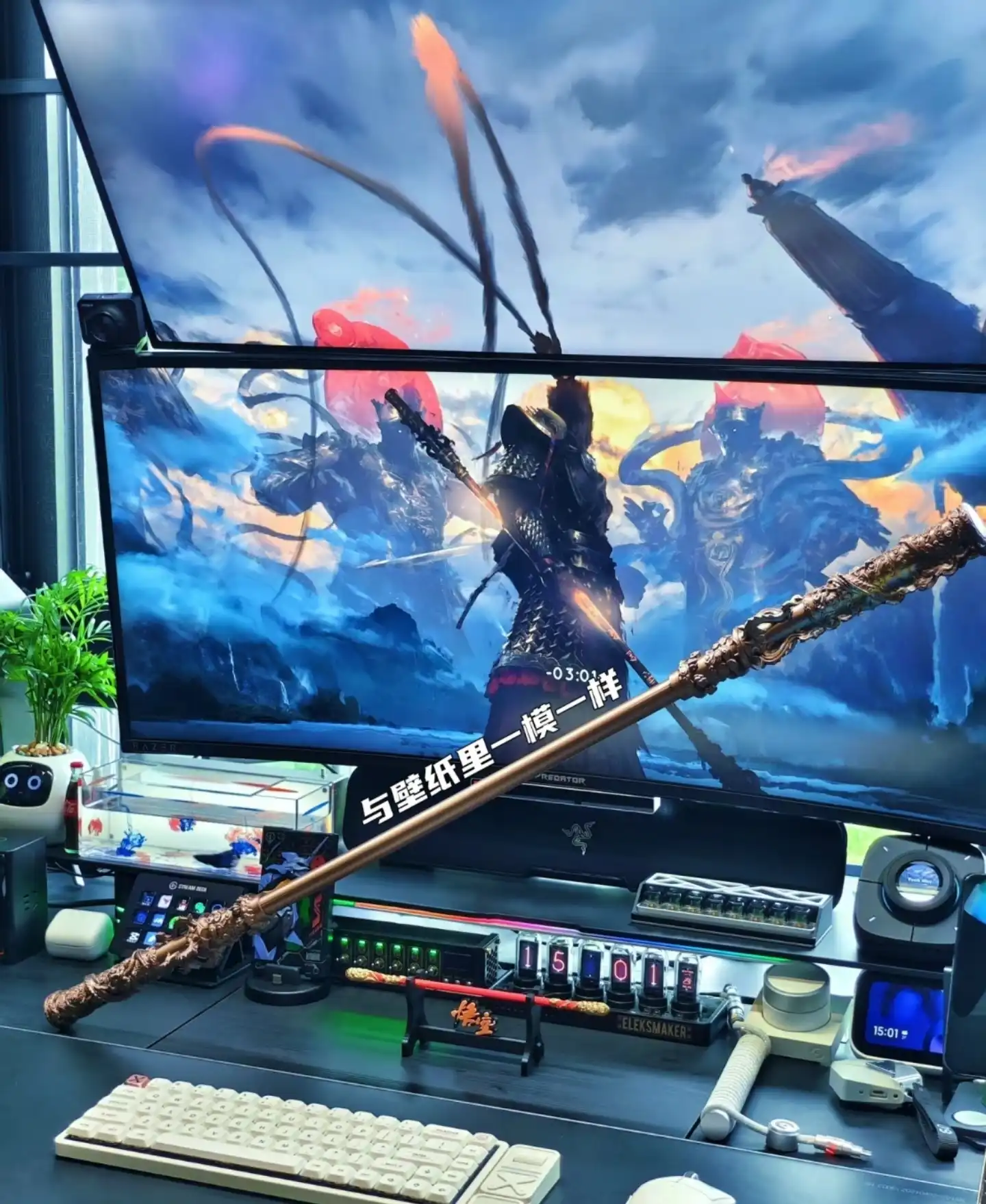 100cm Ruyi Jingu Bang golden cudgel fully extended showing detailed 3D printed resin construction and authentic design.