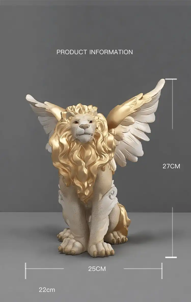 Close-up detail view of lion statue head showing intricate facial features and premium resin craftsmanship.