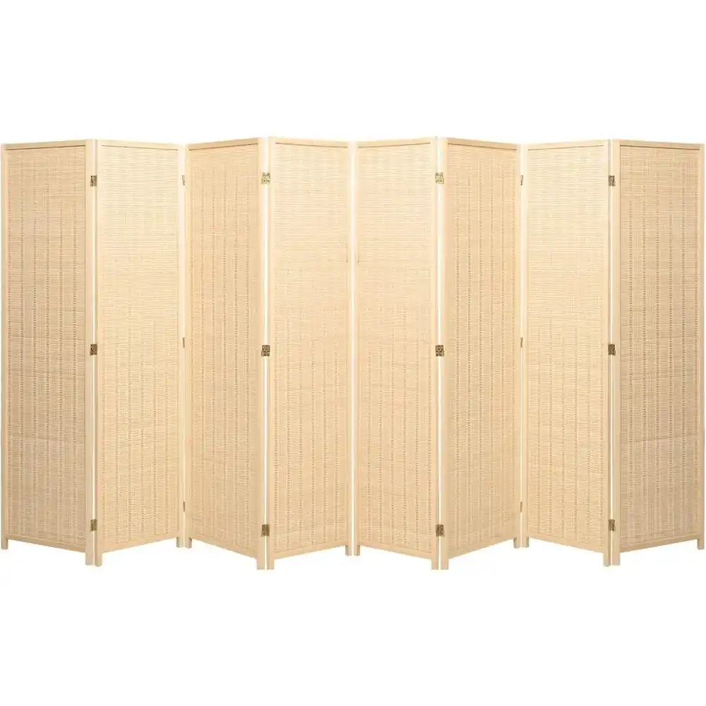 Natural wood and bamboo weave room divider screen showing intricate craftsmanship in living room.