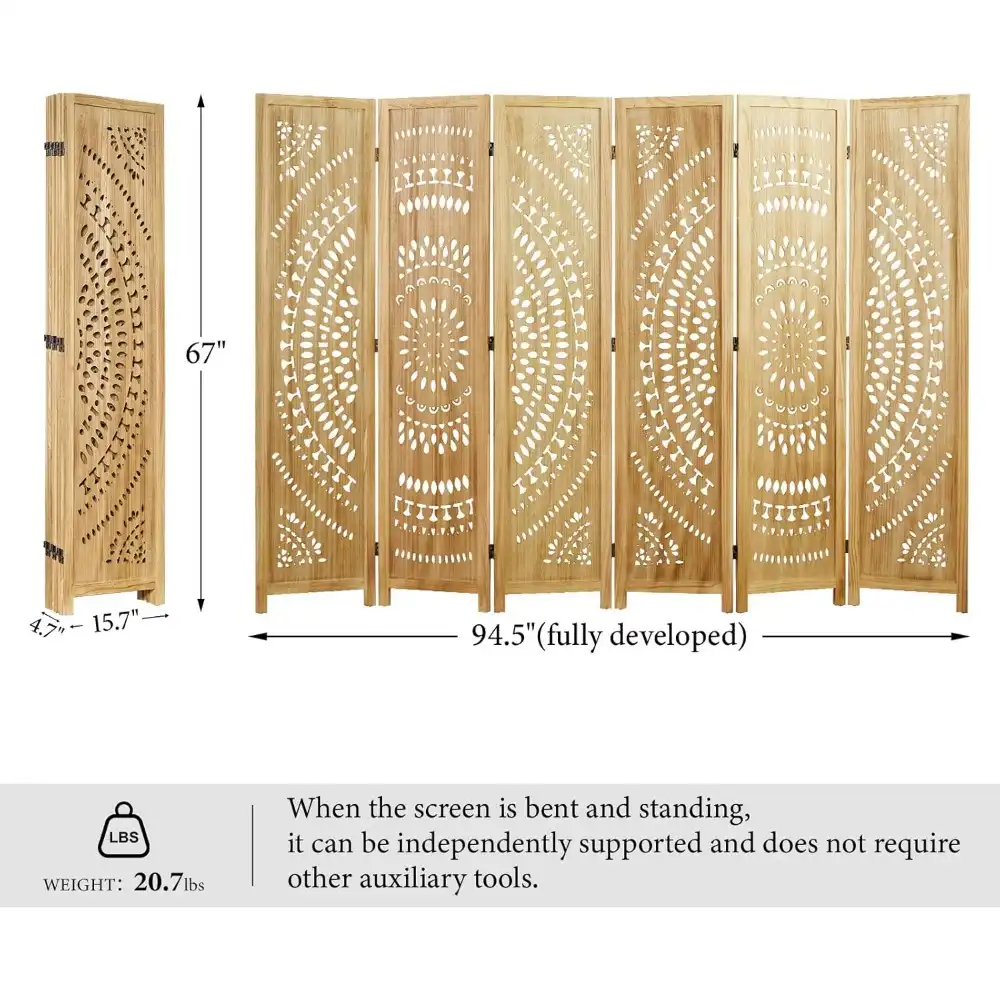 6-panel wood carved folding room divider showing Art Deco style intricate carvings in home office.