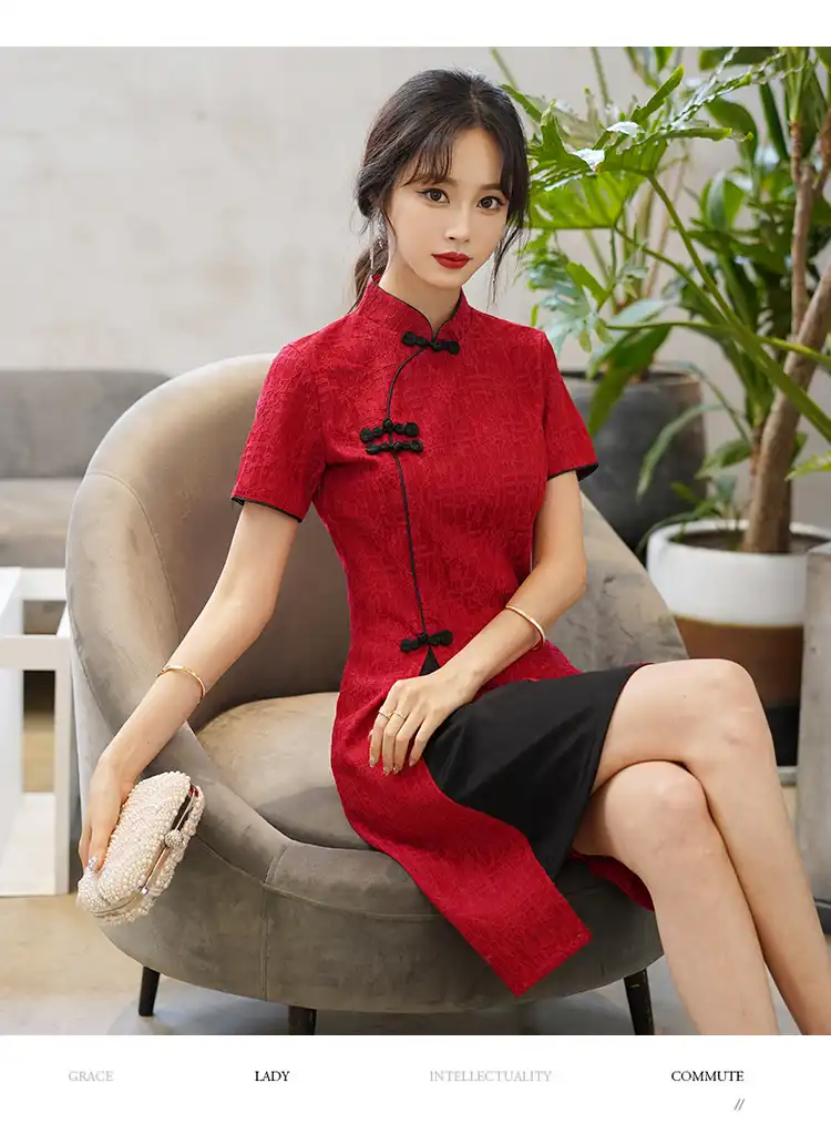 Chinese cheongsam dress styled with casual accessories for everyday wear.