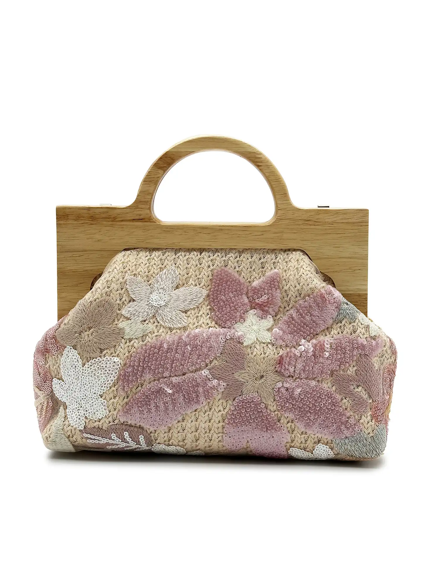 Sequined embroidery bag with wooden handle showcasing sparkling floral design and elegant shell shape.
