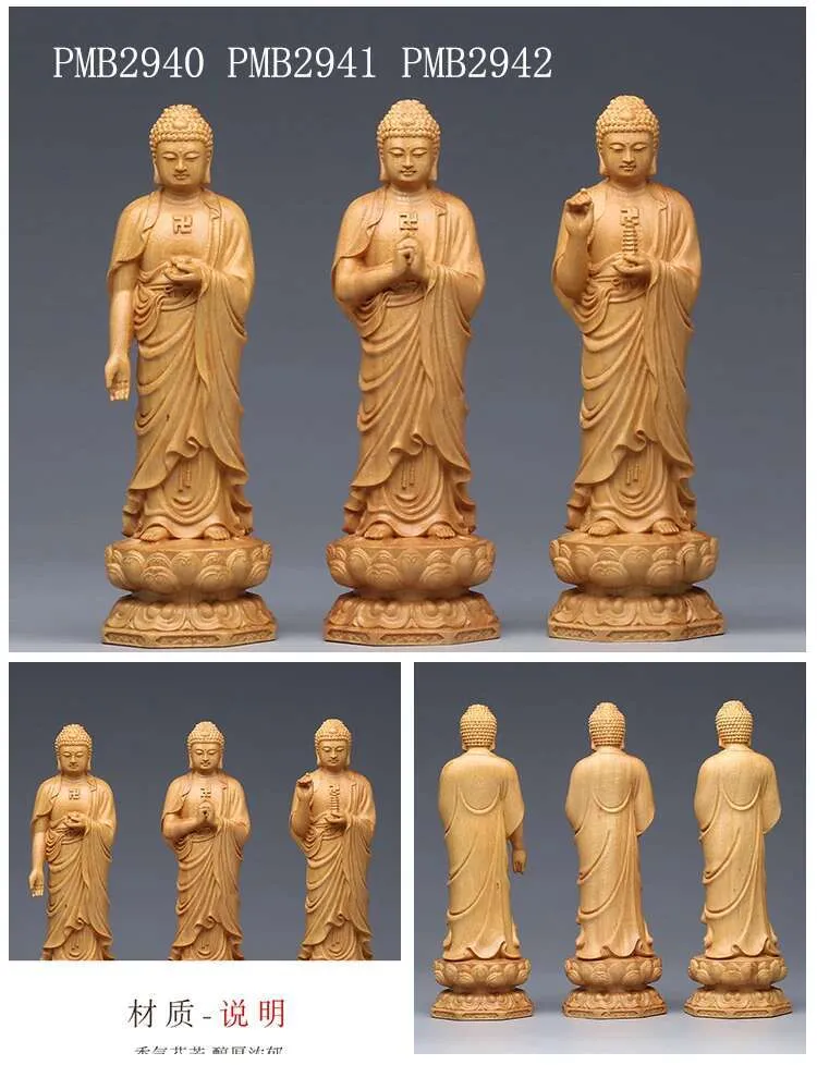 Side profile of solid wood Buddha statue displaying flowing robes and meditation posture.