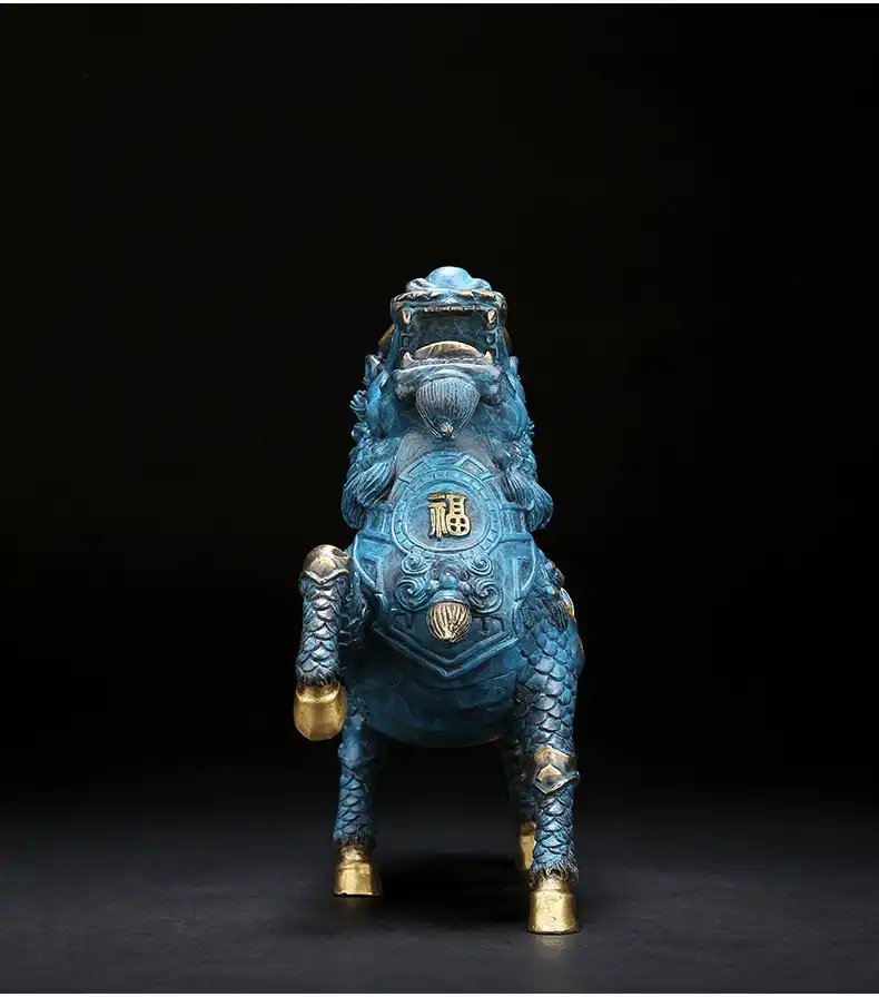 Pure copper Qilin statue with feng shui wind and fire design showing detailed craftsmanship and golden finish.