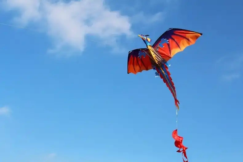 Large 3D dragon kite for adults with 140cm wingspan flying against clear blue sky showing impressive size.