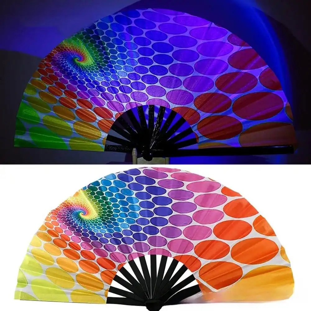 UV fluorescent Chinese bamboo hand fan closed position showing compact foldable design with traditional craftsmanship.