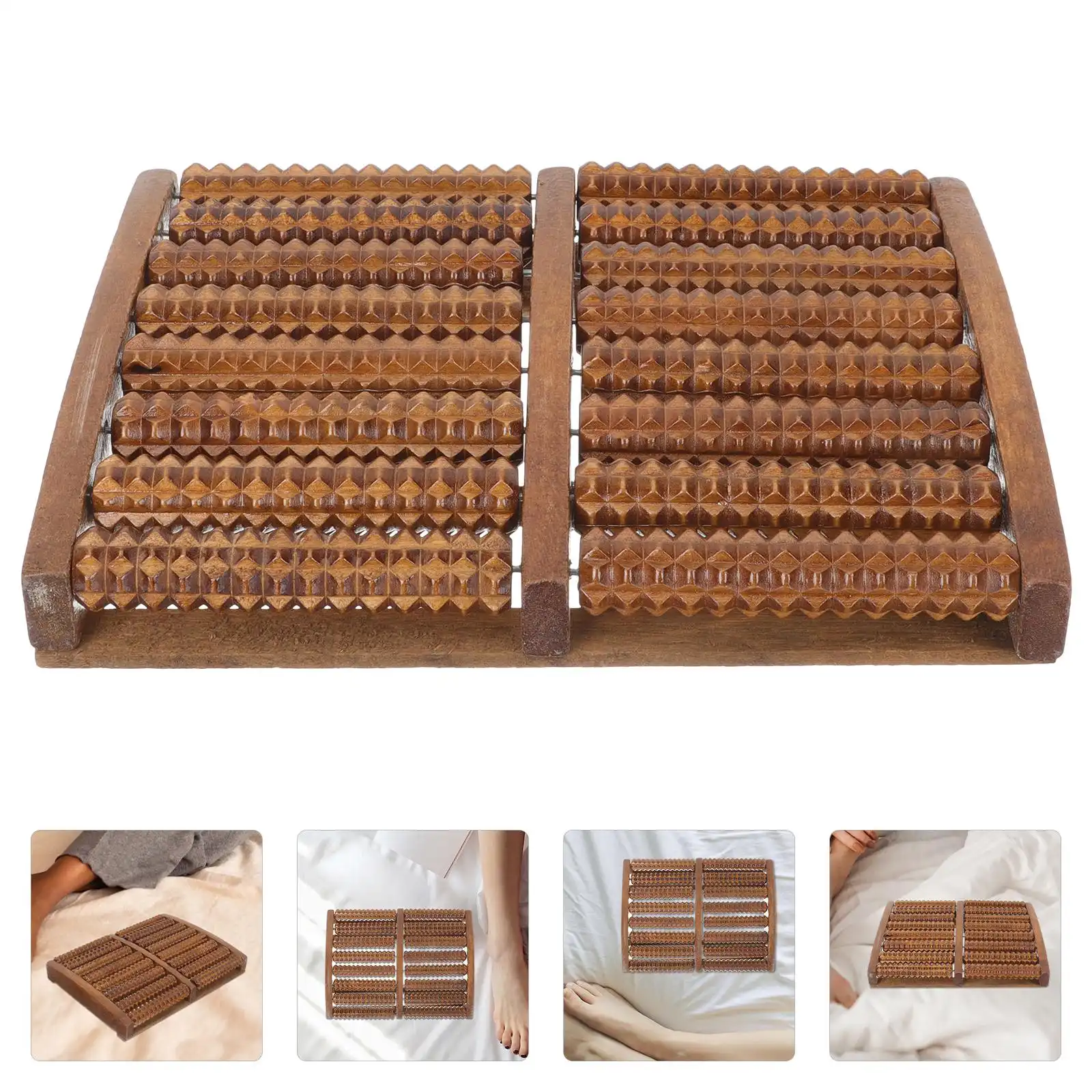 Wooden foot massager roller for plantar fasciitis, front view..
