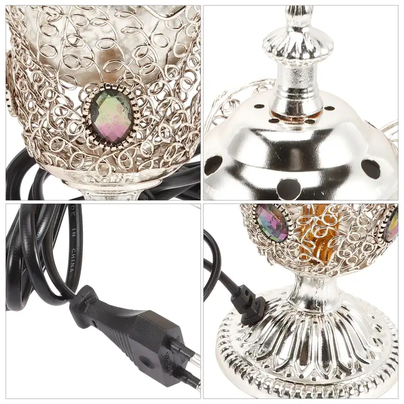 Vintage metal electric incense burner with Middle Eastern design and silver iron construction.