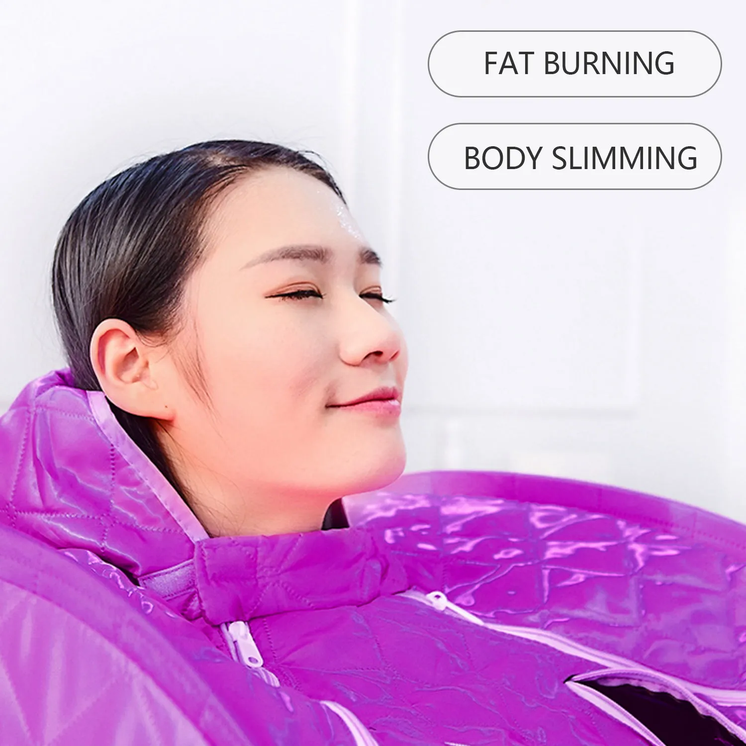 Two people enjoying relaxing steam sauna session inside portable home spa tent together.