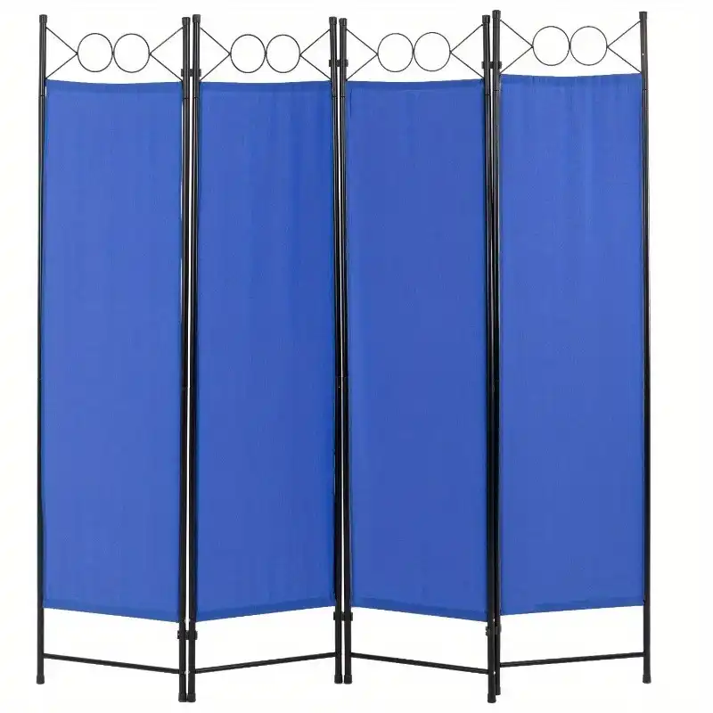 Chinese 4-panel steel frame folding screen divider with fabric panels in modern interior setting.