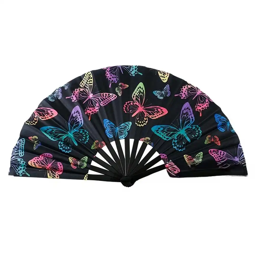Chinese bamboo folding fan fully opened displaying 26 inch wingspan and fluorescent fabric under natural lighting.