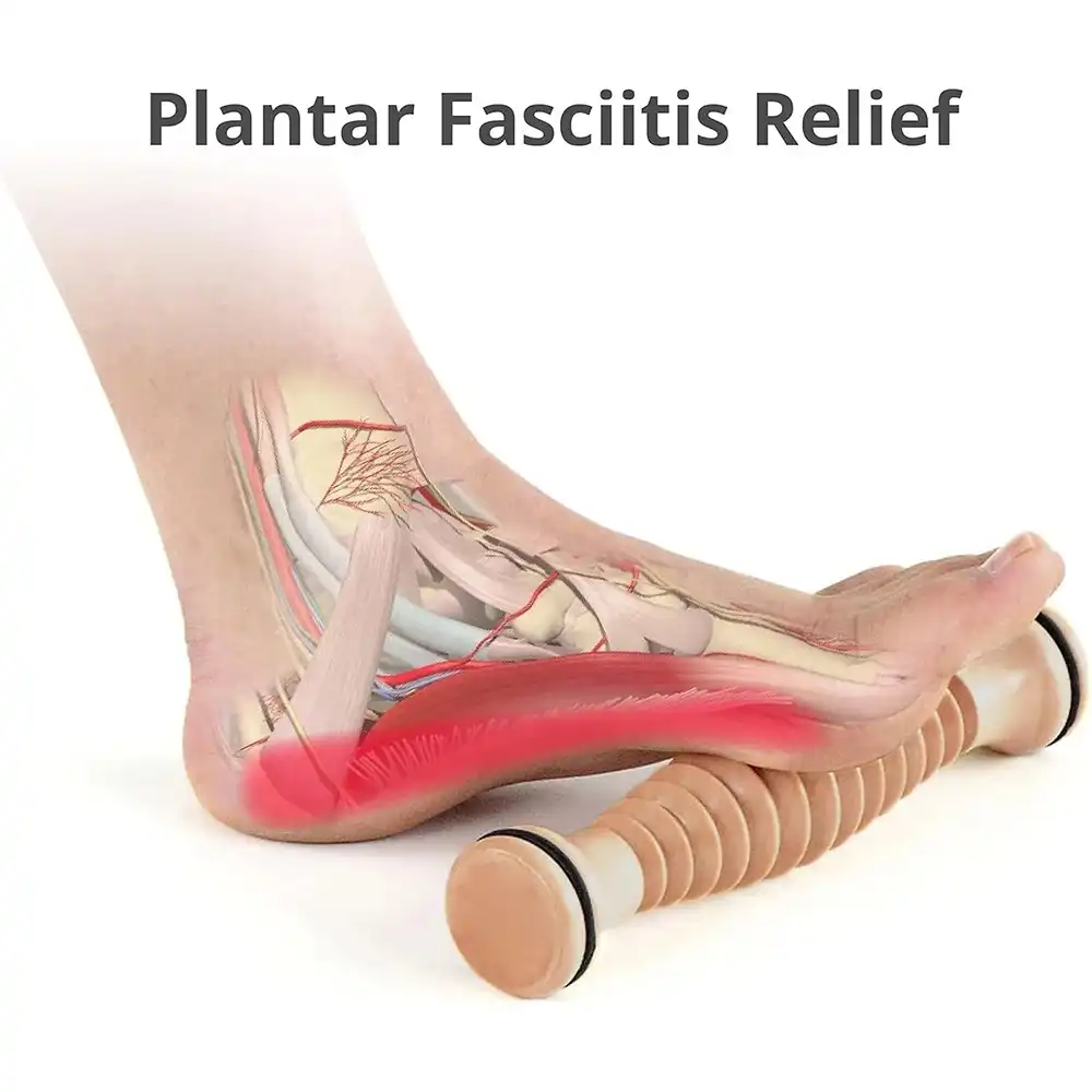 Wooden foot roller massager for plantar fasciitis, front view..