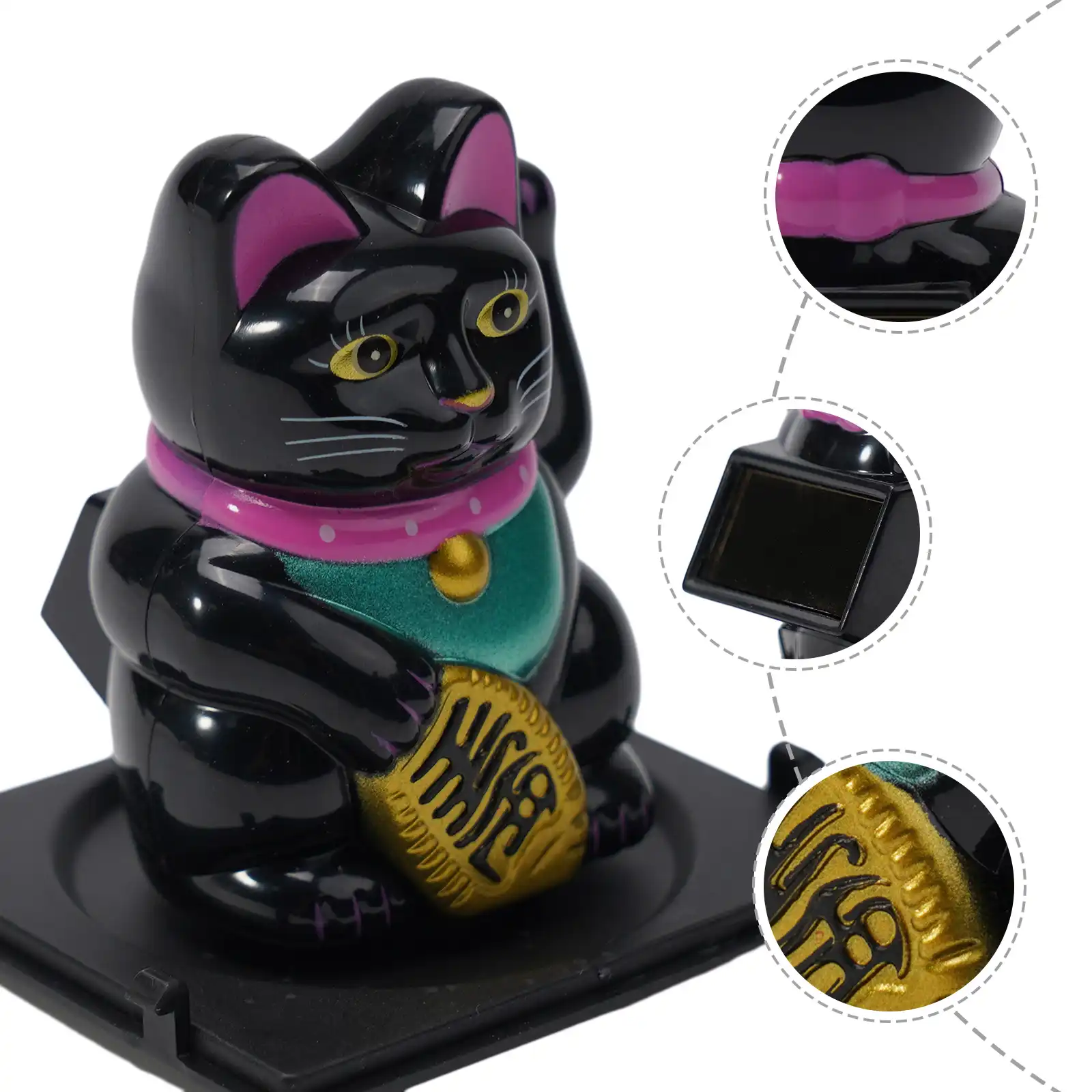 Yellow maneki neko car dashboard decor with golden ingot and solar panel base.