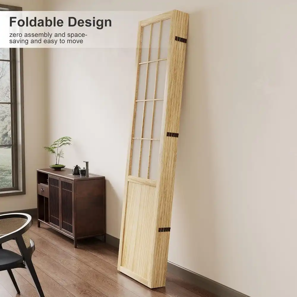 Chinese Japanese Shoji wood folding screen divider with traditional lattice pattern in home interior.