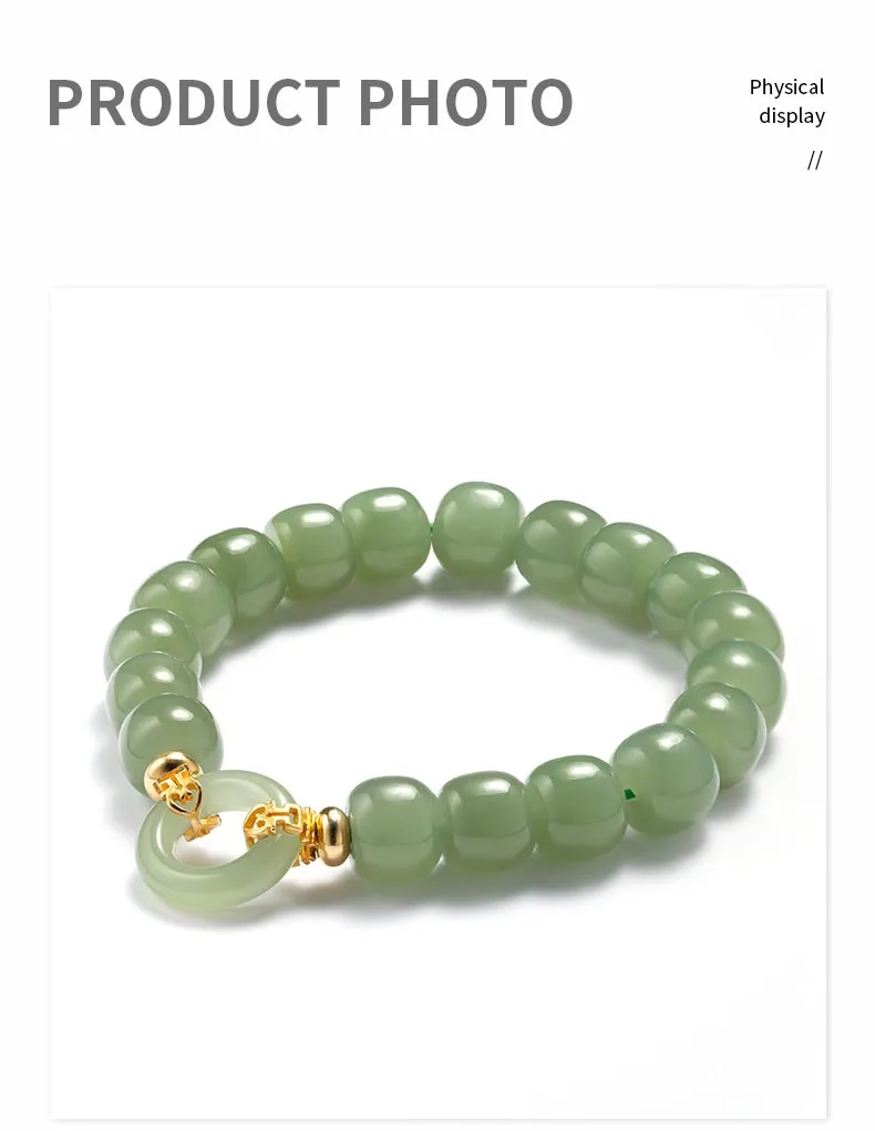 Natural Hetian jade beaded bracelet for women showing authentic white and green jade stones.