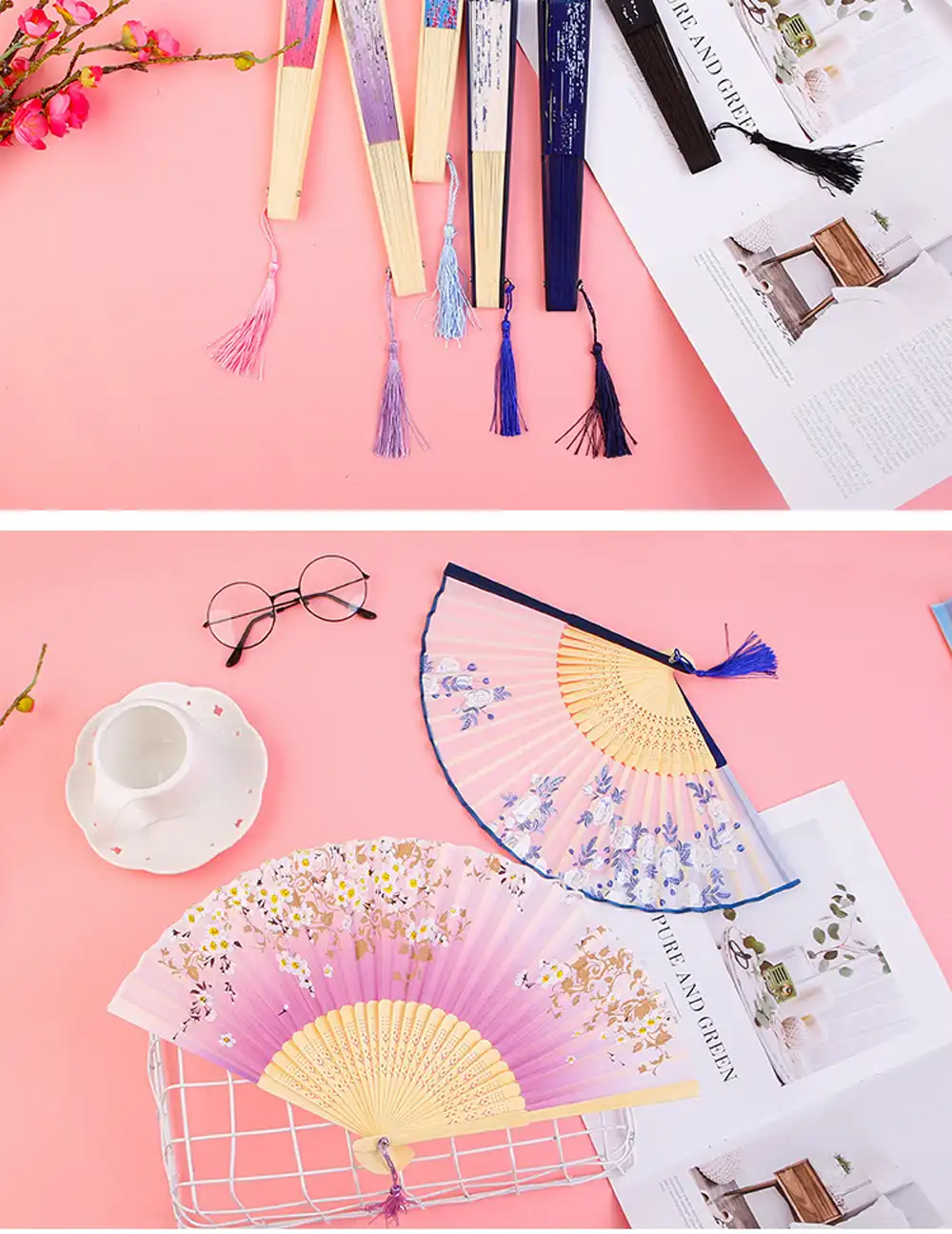 Woman holding black silk folding fan demonstrating elegant grip and size proportion.