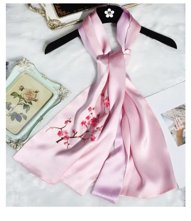 Luxury womens gift scarf displaying complete Suzhou embroidery floral design composition.