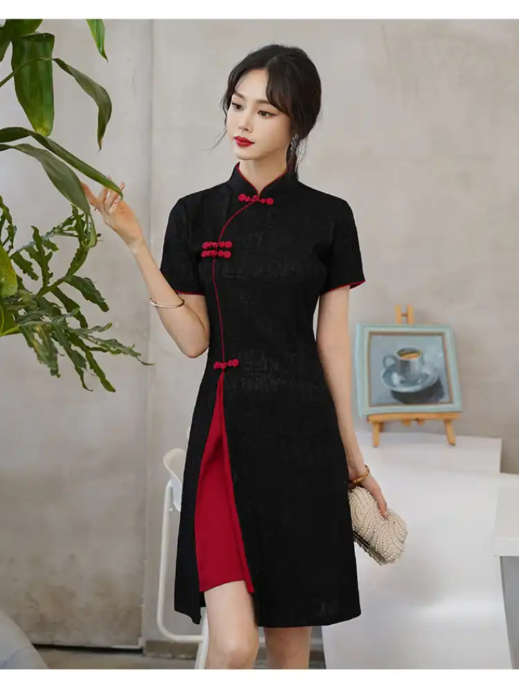 Vintage qipao fabric care instructions and composition information display.