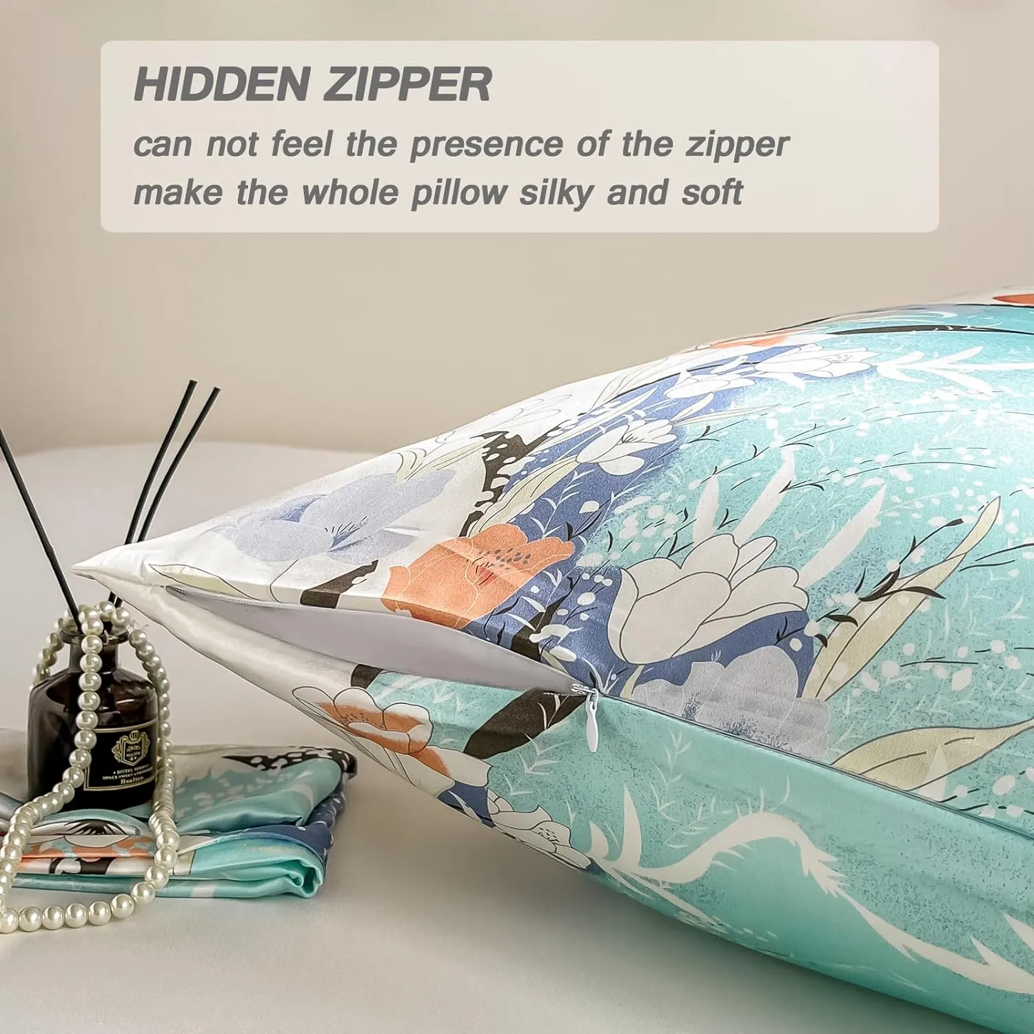 Silk pillowcase on bed showing luxury home decoration and comfortable sleep environment.