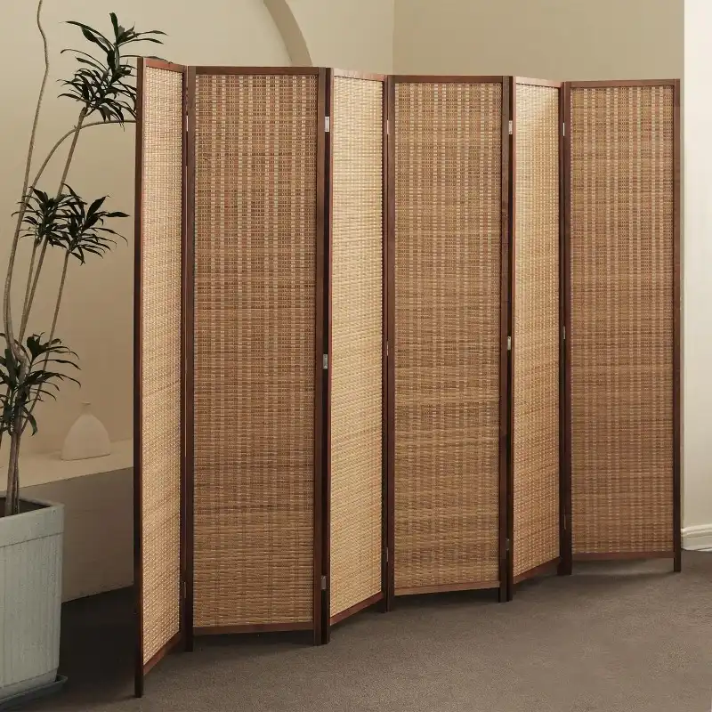 Close-up view of natural bamboo material and grain patterns on Chinese room divider panels.