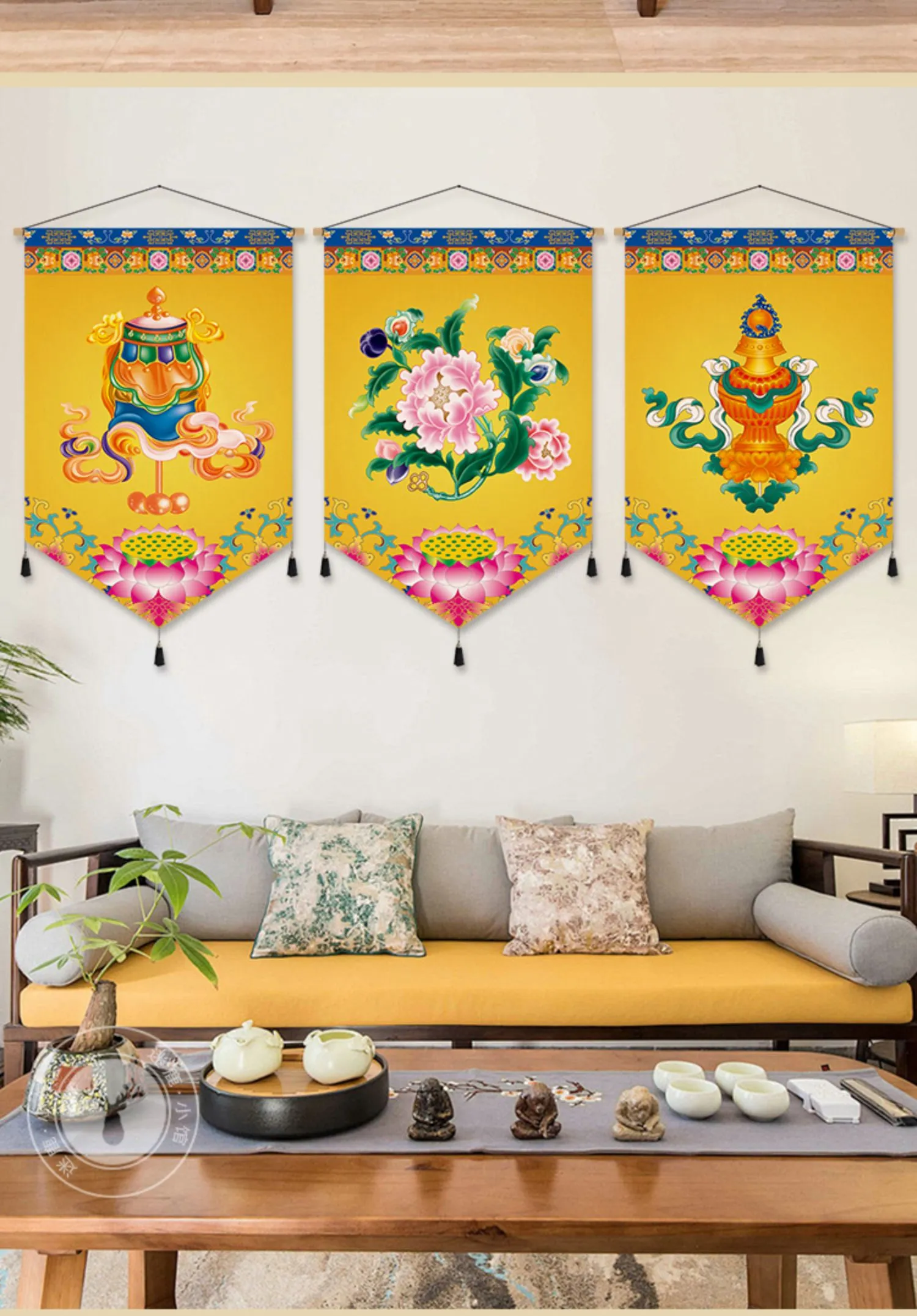 Spiritual wall decoration featuring authentic Tibetan Thangka design elements.