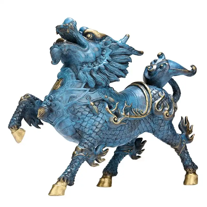 Feng shui Qilin statue side view highlighting intricate carved features and authentic cultural symbolism.