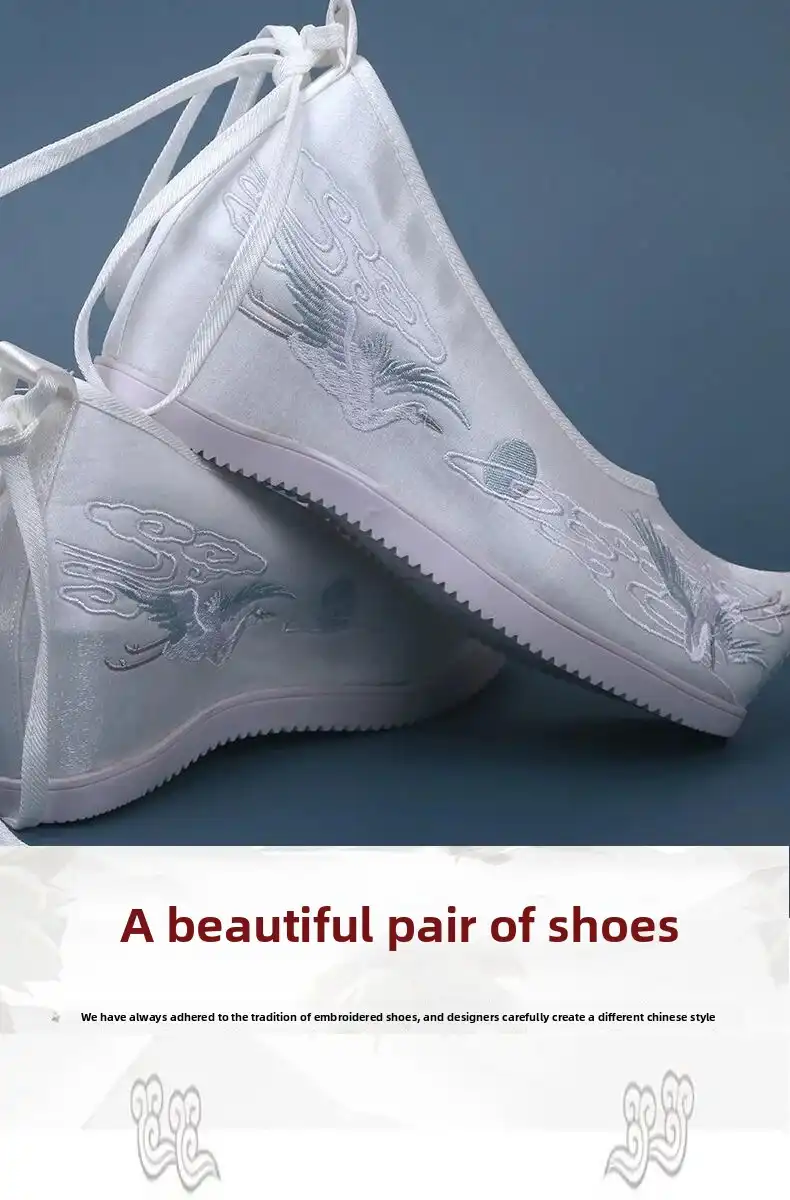 Chinese wedding shoes modeled on feet wearing traditional red Hanfu dress for cultural ceremony.