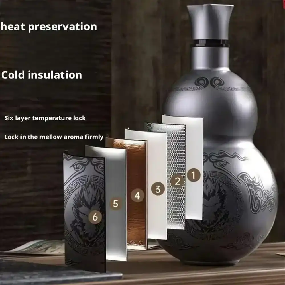 Black Myth Wukong gourd-shaped stainless steel insulated water bottle with traditional Chinese design.