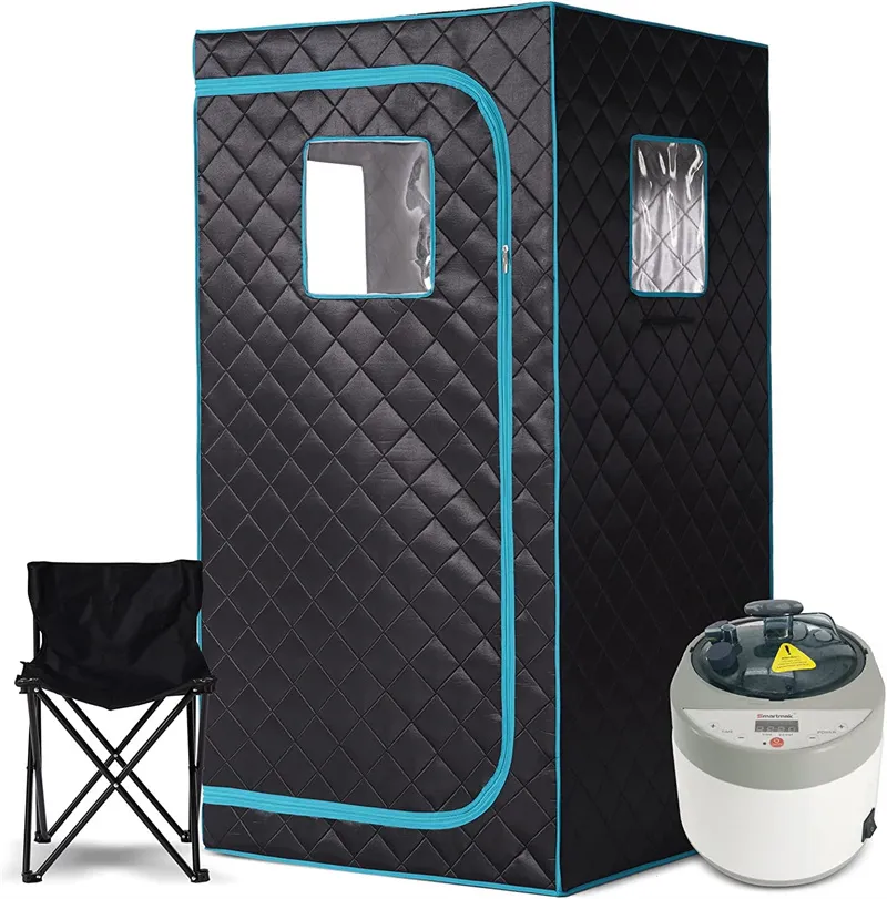 Complete portable home steam sauna tent kit with 4L generator, chair and remote control setup.