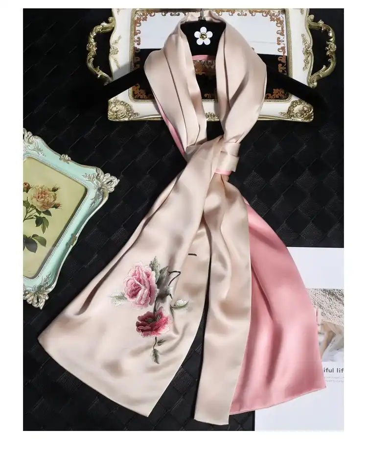 Full display of 155cm x 35cm Suzhou embroidery silk scarf laid flat showing complete floral design pattern.