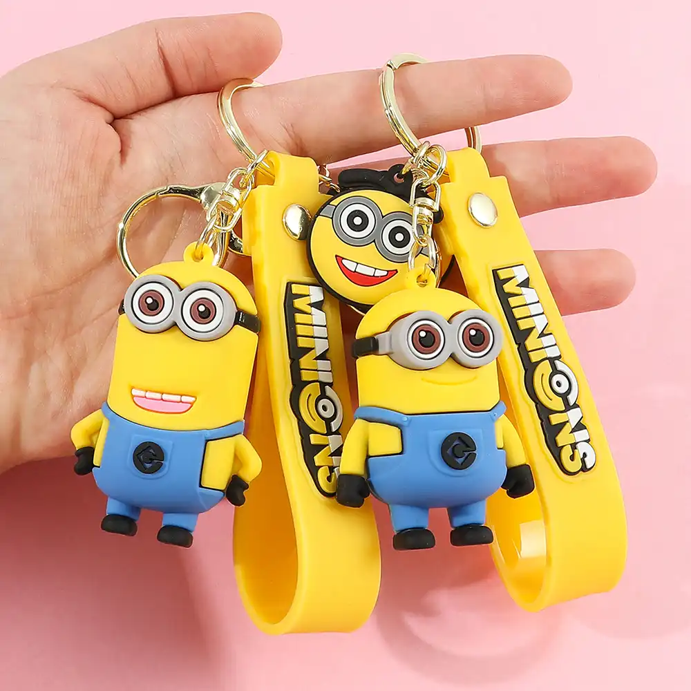 Close-up view of silicone Minions pendant showing detailed facial features and quality craftsmanship.
