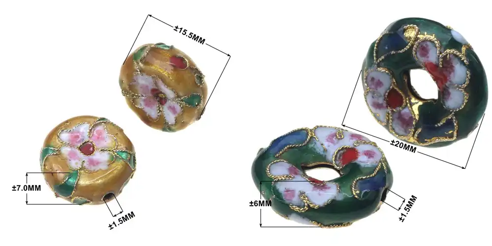 Size comparison chart showing cloisonne bead dimensions next to measurement ruler.