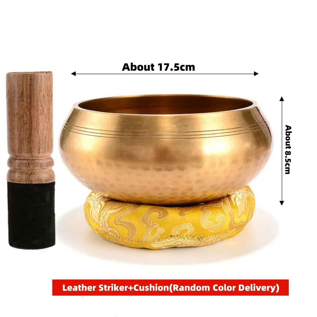 Meditation setup with singing bowl, cushion, and striker arranged on peaceful altar.
