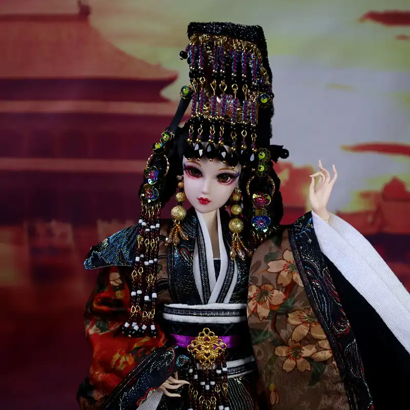 Full body view of court doll wearing complete ancient Chinese imperial costume.