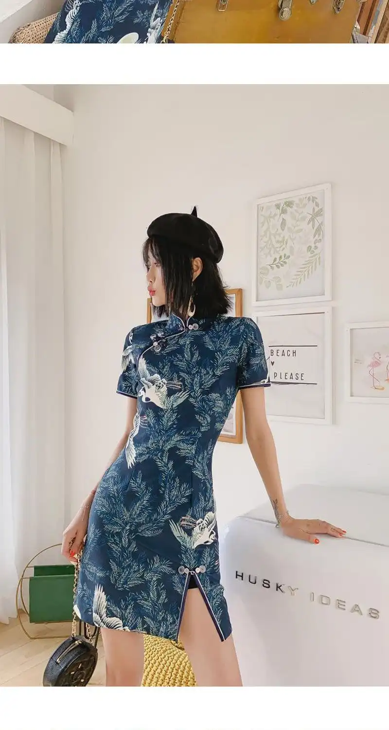 Chinese cheongsam crane print dress size chart and measurement guide for youth sizing.