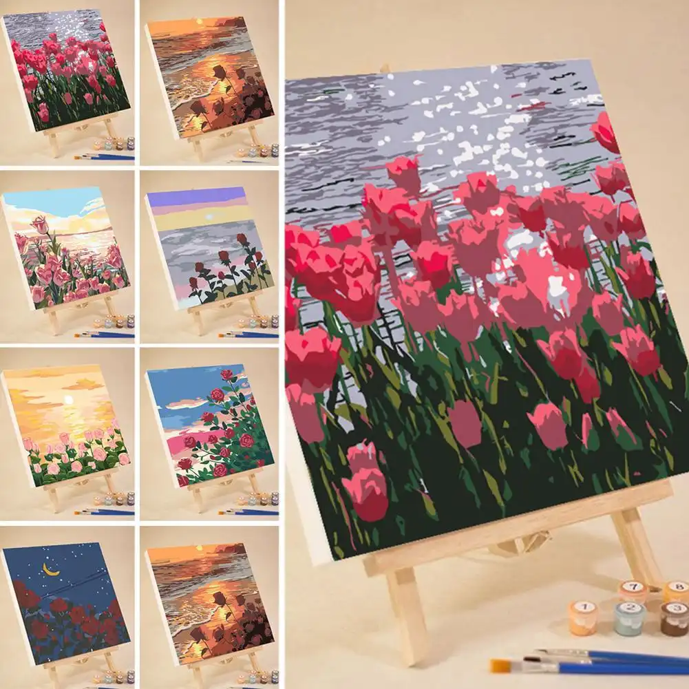 Pastoral flower landscape canvas with numbered sections ready for painting.