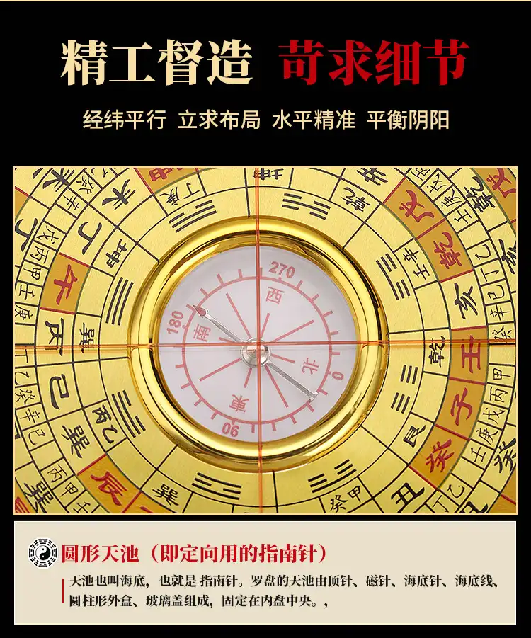 Close-up view of luopan compass needle and center showing precise magnetic alignment mechanism.
