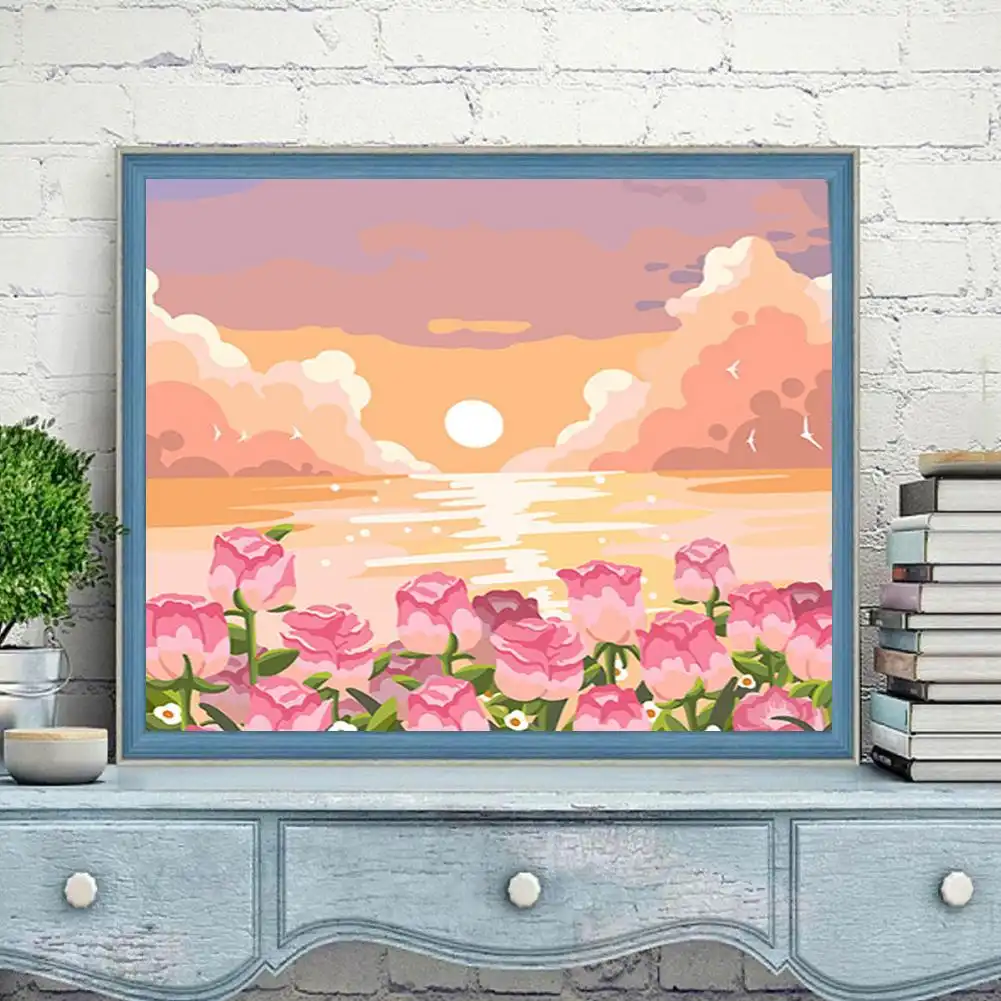 Wooden picture frame included with paint to number kit for immediate display.