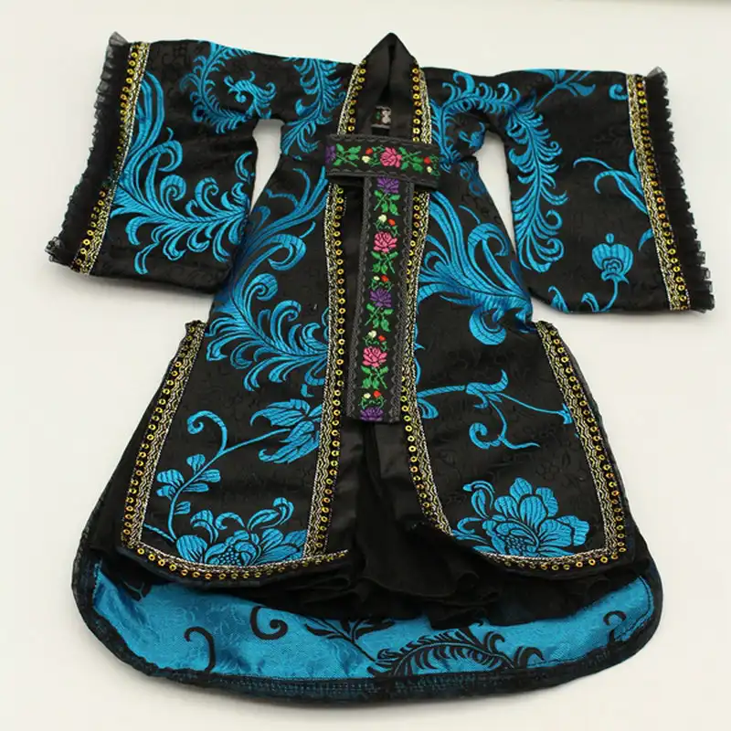 Side view of doll wearing Chinese ancient costume showing flowing sleeves and elegant silhouette.