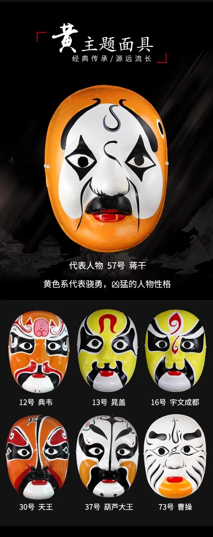 Multiple bian lian masks arranged displaying variety of traditional Sichuan opera character designs