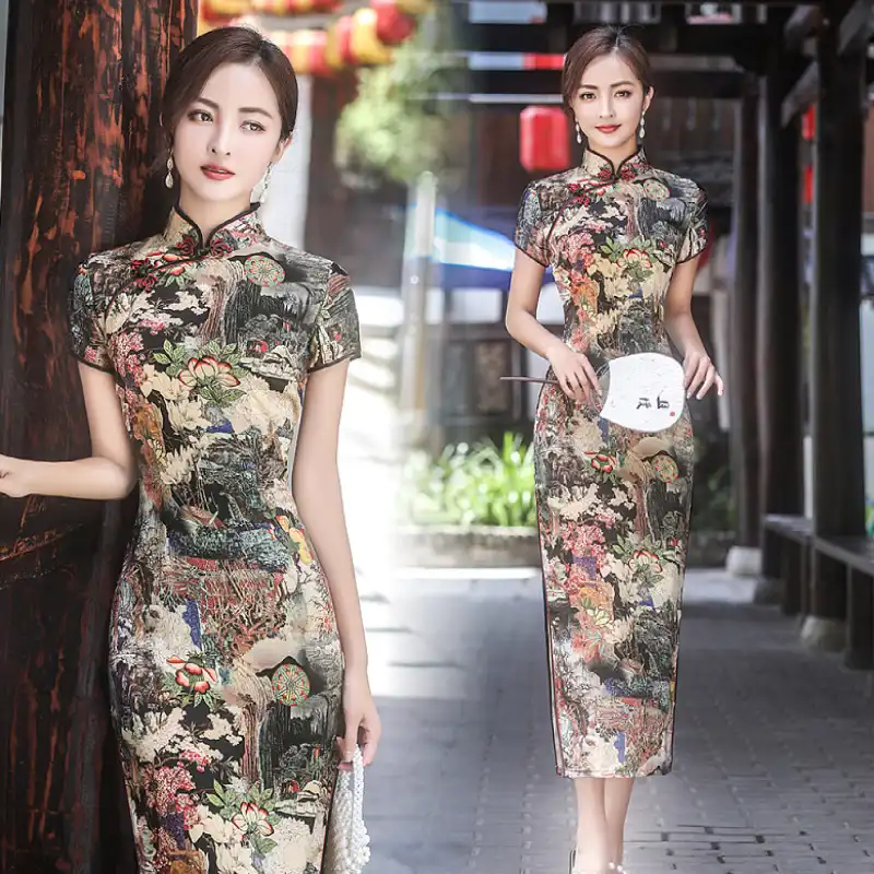 Long cheongsam vintage silk qipao dress in premium satin broadcloth polyester fabric.