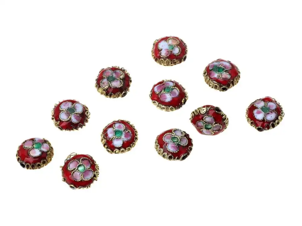 Traditional Chinese cloisonne spacer beads featuring intricate floral designs in vibrant colors.