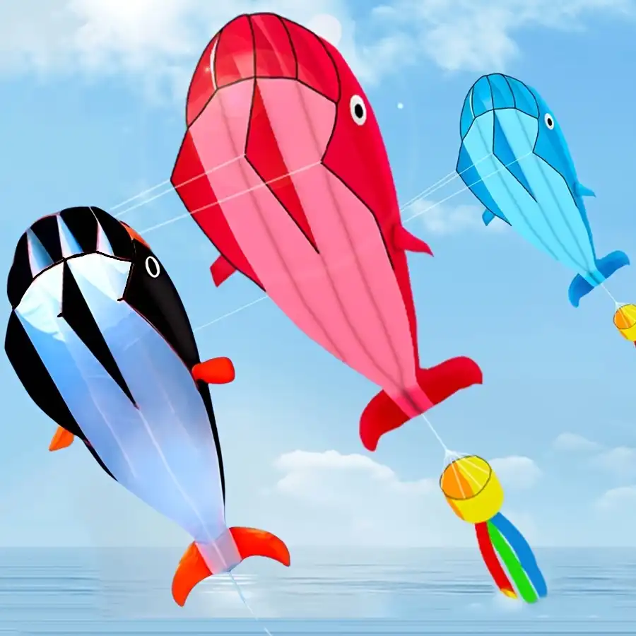 Giant whale kite measuring 220x110cm demonstrating impressive size and soft construction.