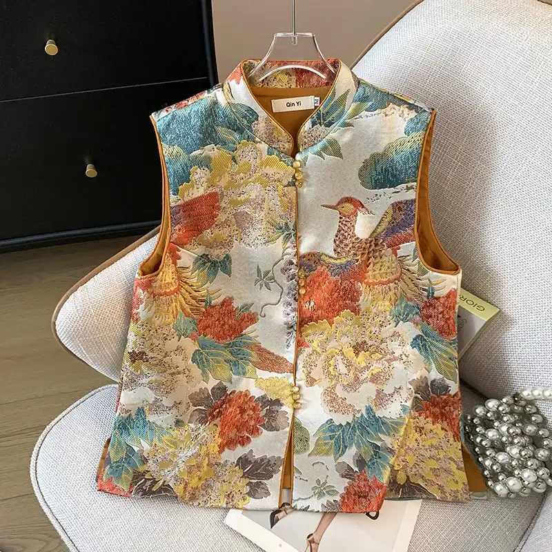 Tang suit vest fabric texture close up revealing chiffon polyester quality and delicate weave.