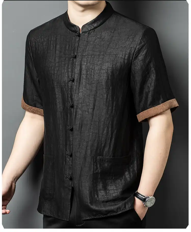 Stand collar of Gambiered Canton Gauze shirt showing traditional Chinese styling and craftsmanship.
