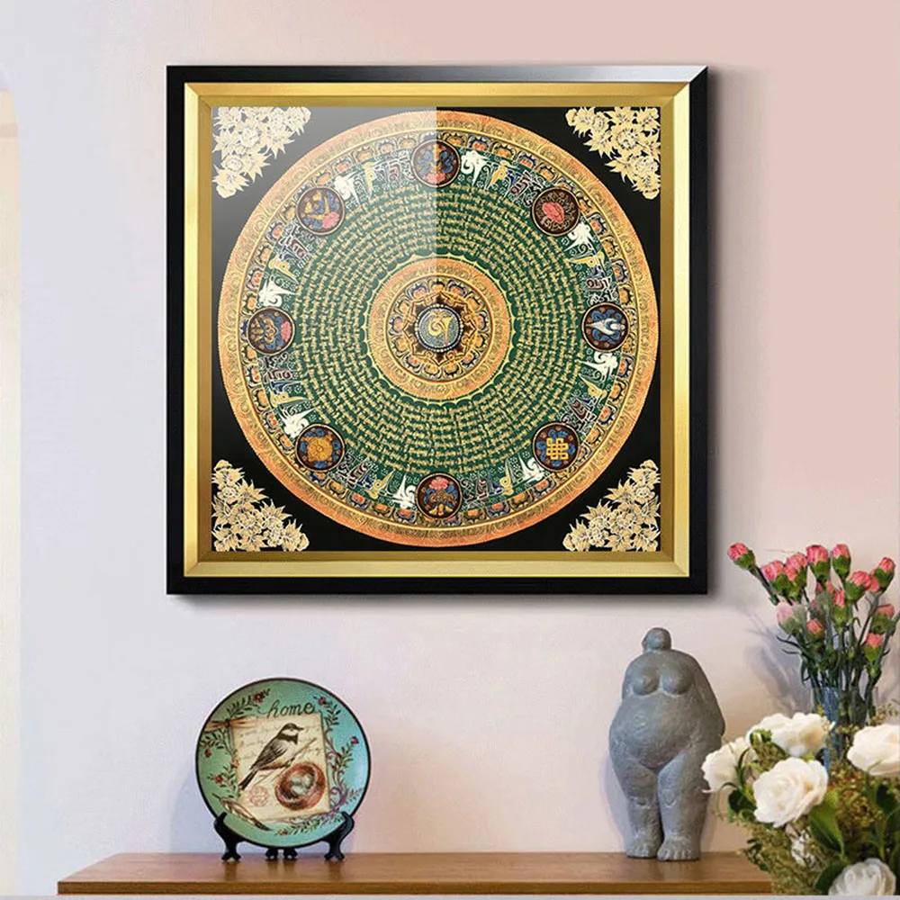Tibet Thangka Buddha canvas wall art with golden details and sacred Buddhist symbols.