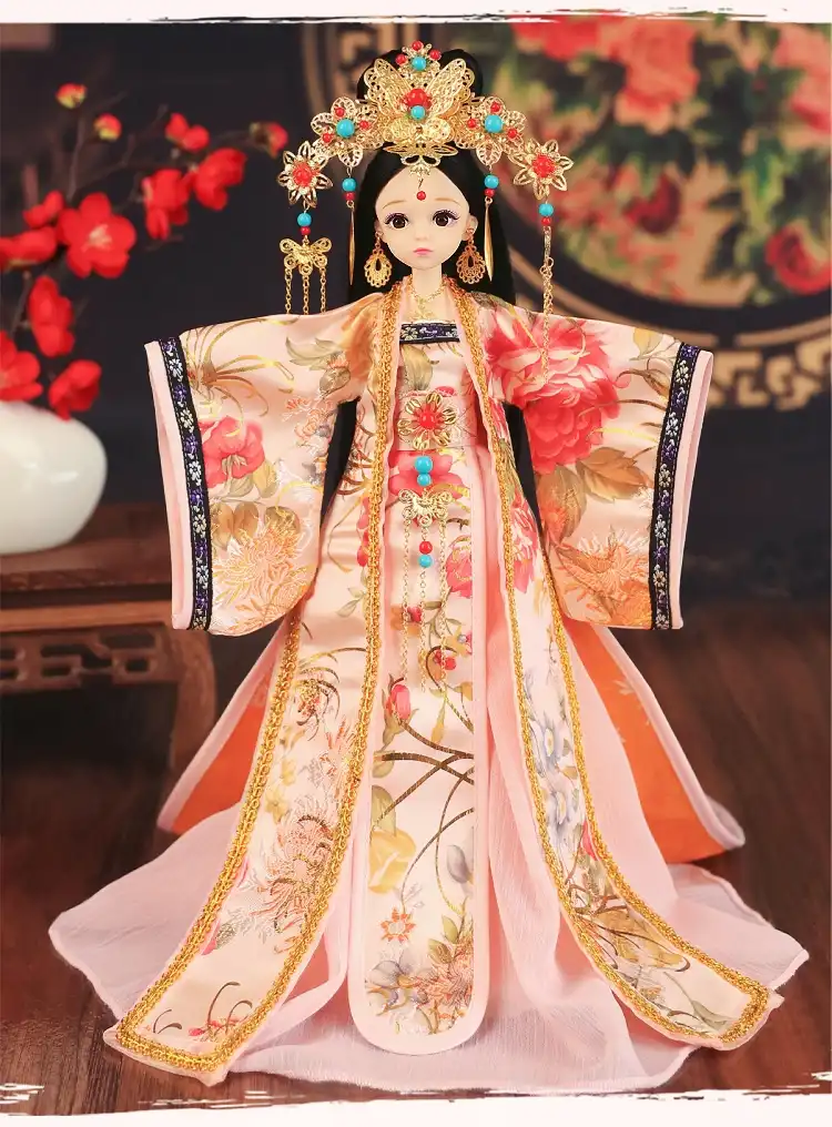 Gift box opened displaying hanfu princess doll and accessories in premium packaging.