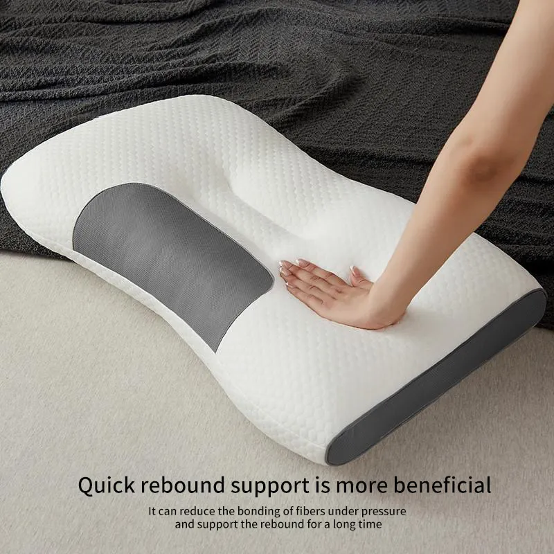 Person sleeping on side using ergonomic cervical pillow maintaining proper spinal alignment.