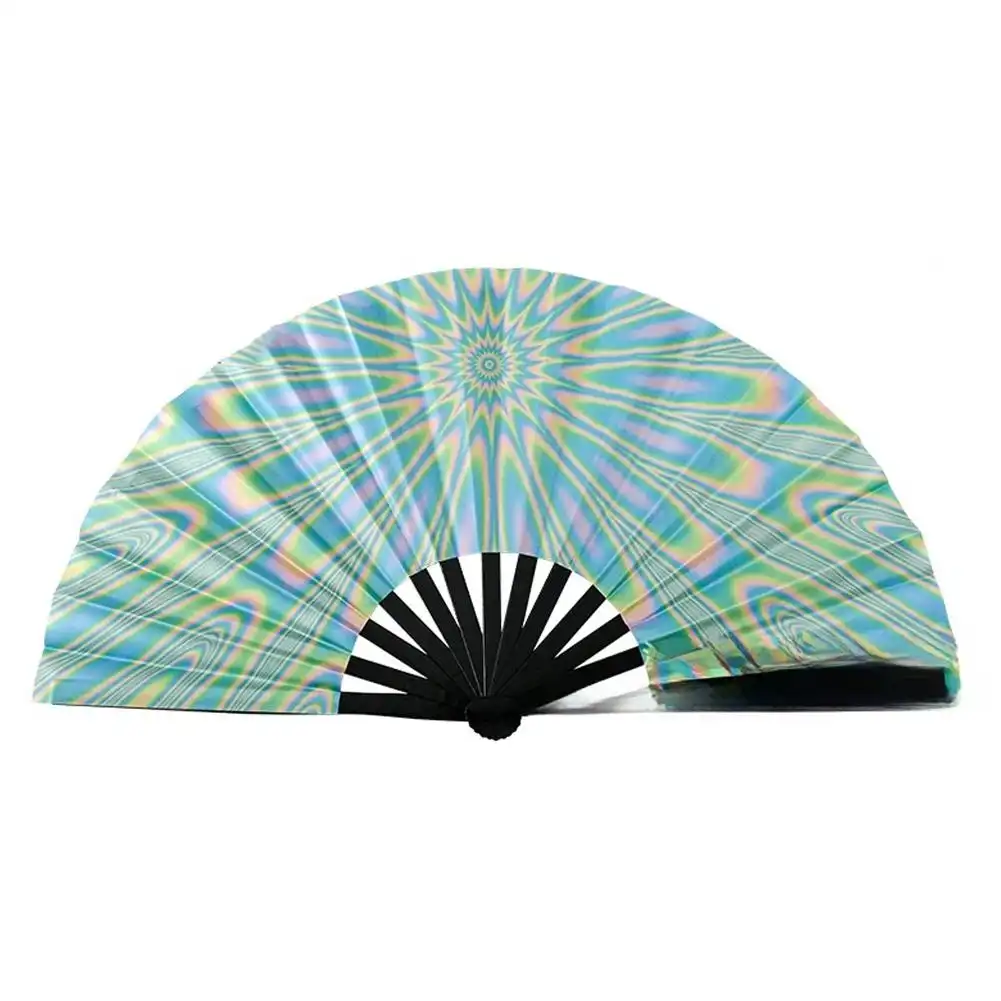 Multiple fans arranged in decorative pattern displaying artistic potential for wall decoration and display purposes.