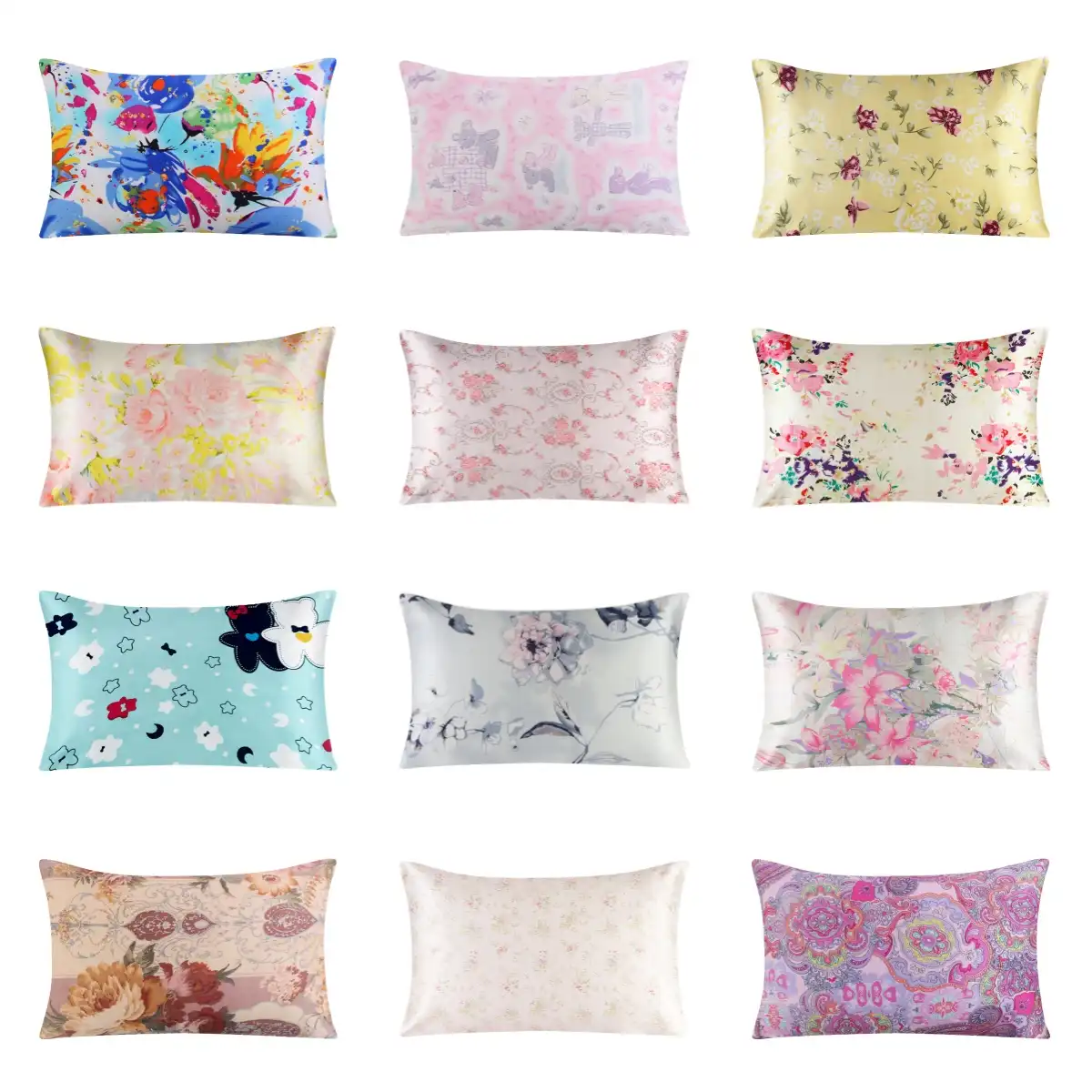 Close-up detail of beautiful floral print design on 100% natural mulberry silk fabric texture.